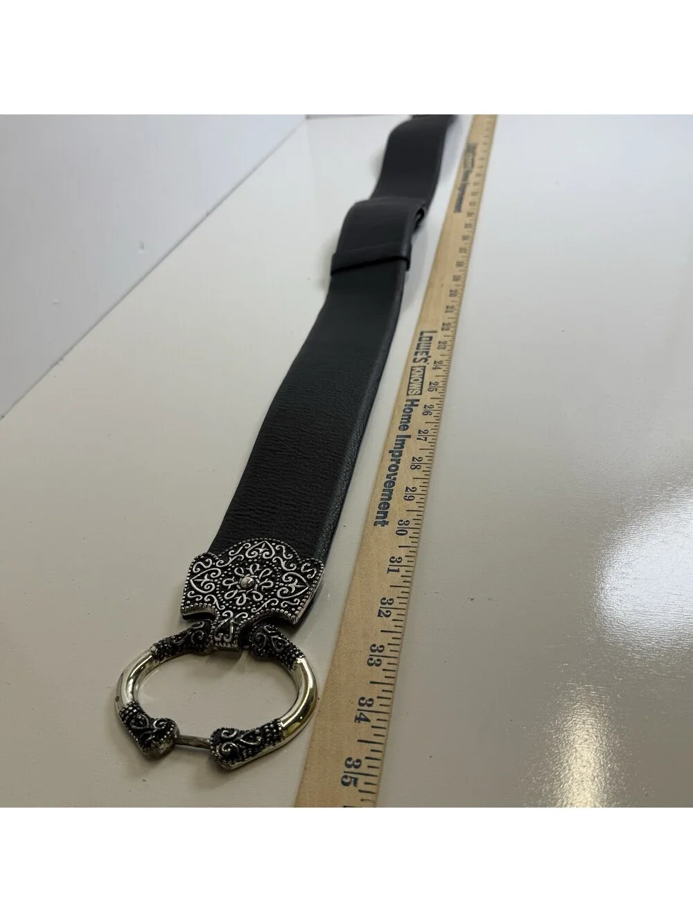 CHICOS Black Leather Mandala Silver Gold Hook Buckle Belt S/M Boho Western Wide